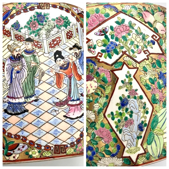 Huge Porcelain Canister Famille Rose Asian Figural Gold Gilt Floral Tea Caddy - Picture 10 of 15